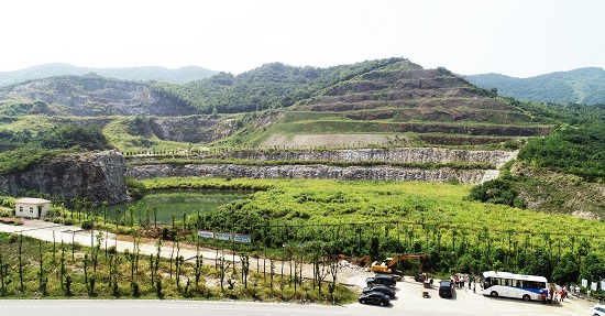 繁昌县古竹岭废弃矿山治理现场复垦的耕地和复绿的山坡