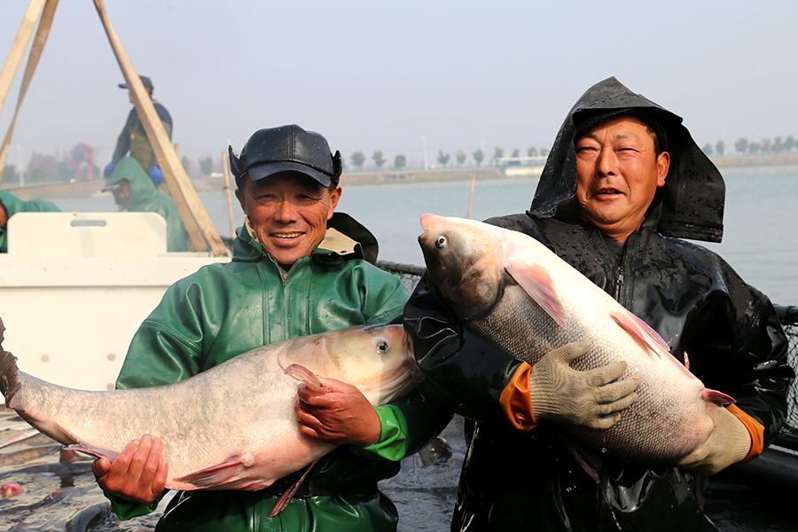 漁民懷抱大魚，享受豐收的喜悅。沈雲鵬攝