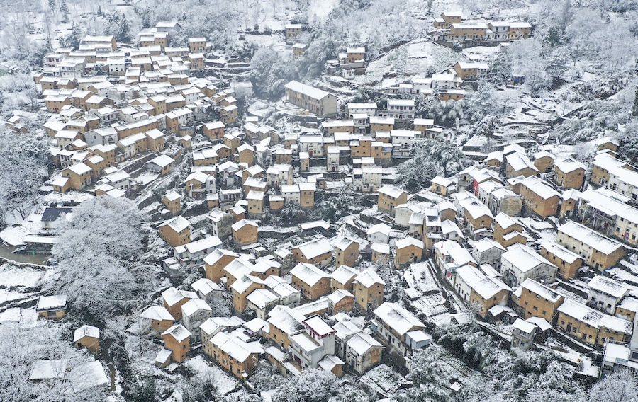 雪中的土樓村，宛如一幅油畫。鄭宏攝