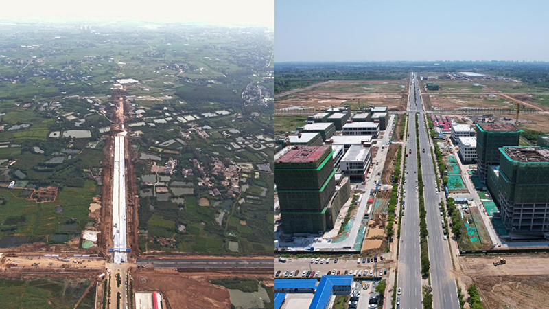 如今的顶山—汊河省际毗邻地区新型功能区（右）与一年前的情景（左）对比。来安县委宣传部供图