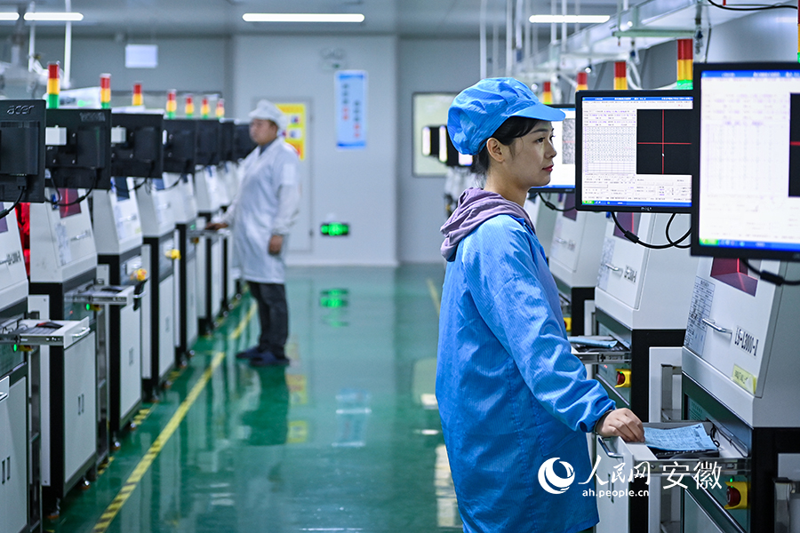 翔胜科技电阻生产车间里，工人在流水线上作业。人民网记者 苗子健摄