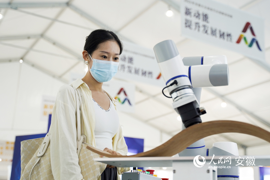 市民正在参观展台上展出的智能协作机械臂。人民网 王锐摄