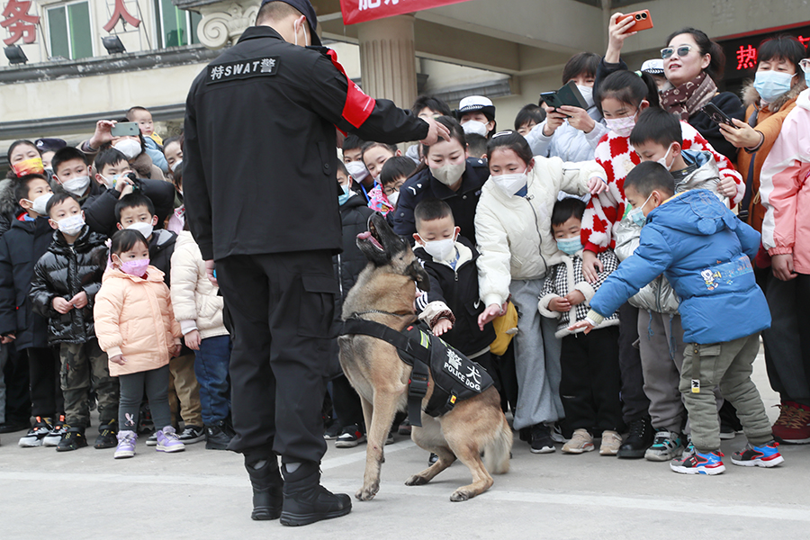 警犬表演引来小朋友围观。肥东公安供图