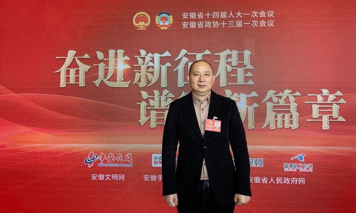 杨帆在两会现场接受采访。芜湖市委宣传部供图