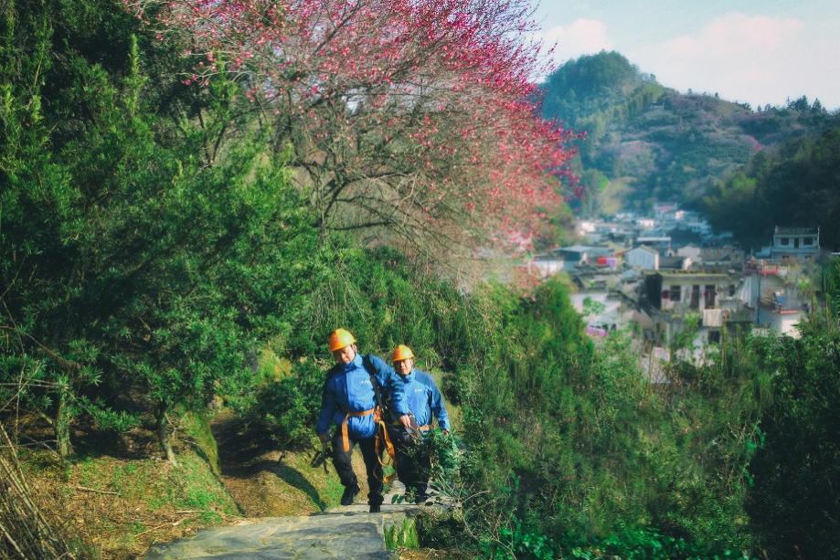 工作人员克服问题，实现卖花渔村千兆光纤和5G网络的全覆盖。安徽电信供图
