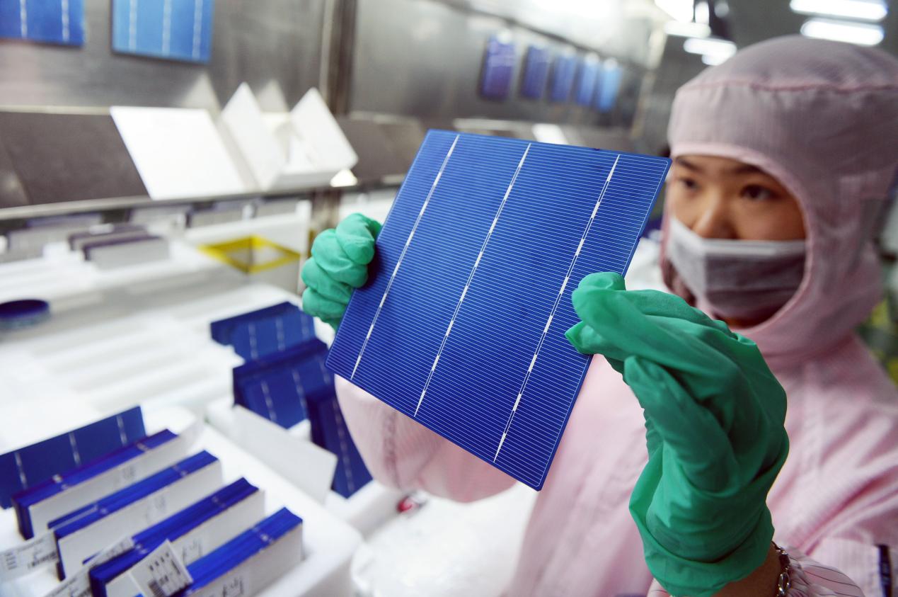 在通威太陽能公司，工人正在生產太陽能電池板