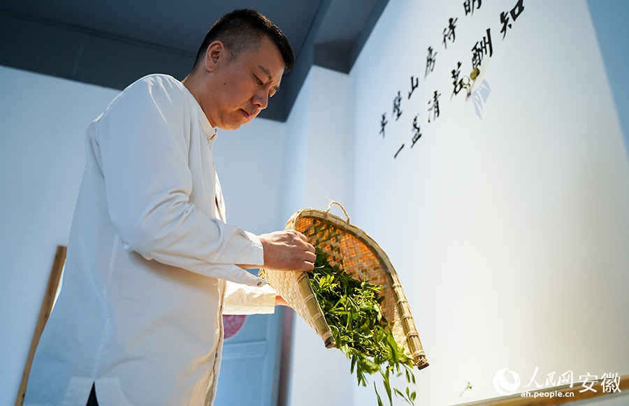鲜叶入锅,准备炒制。人民网记者 王锐摄