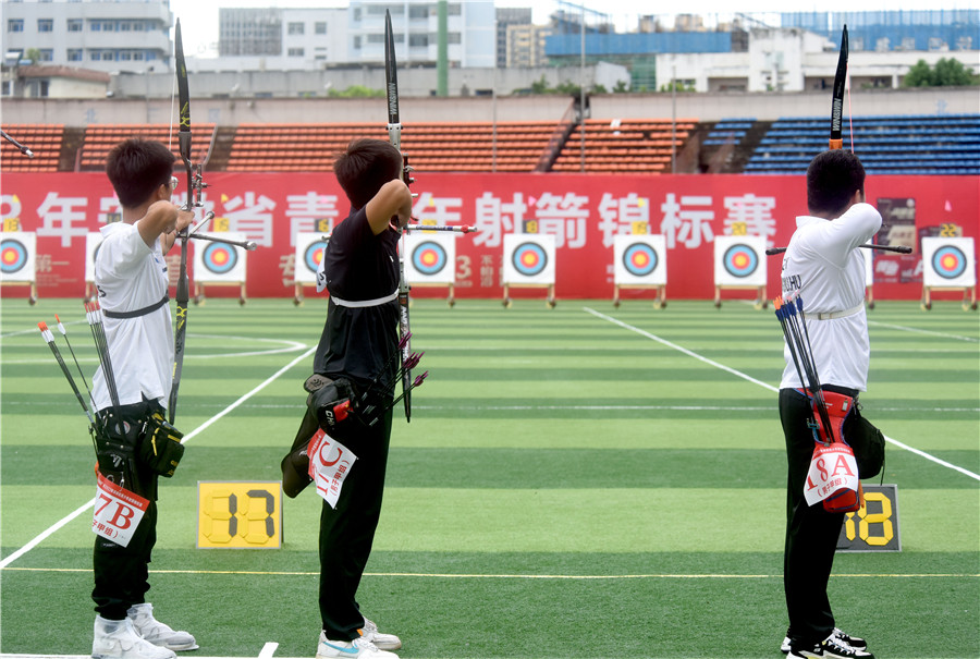 2023年8月6日，選手在淮南市體育中心參加2023年安徽省青少年射箭錦標賽比賽。陳彬攝