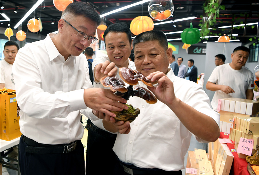 六安市供销合作社的工作人员（左）在向苏州市民介绍大别山区灵芝的药用价值。陈力摄