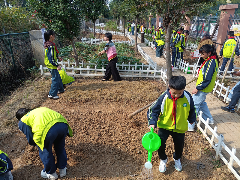 邱村小學的孩子們在“碩實園”忙著給菜地澆水。廣德市教體局供圖