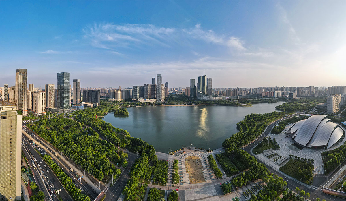 合肥政務區天鵝湖全景。