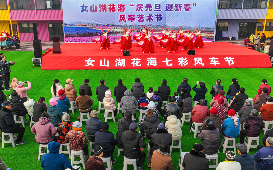 元旦假期，文艺工作者在明光市女山湖花海风车节上为游客们表演舞蹈。