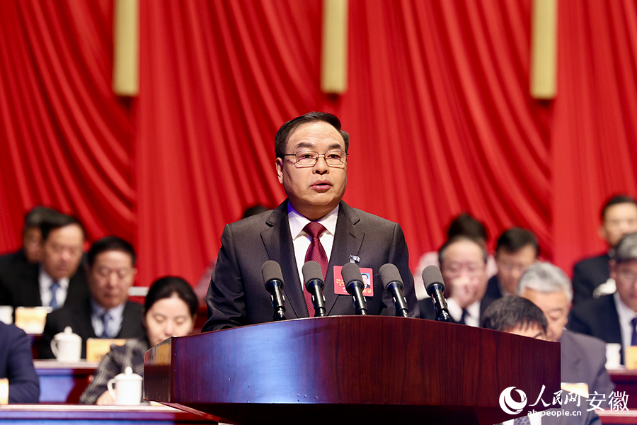 唐良智代表十三届安徽省政协常务委员会向大会作工作报告。人民网记者 陶涛摄