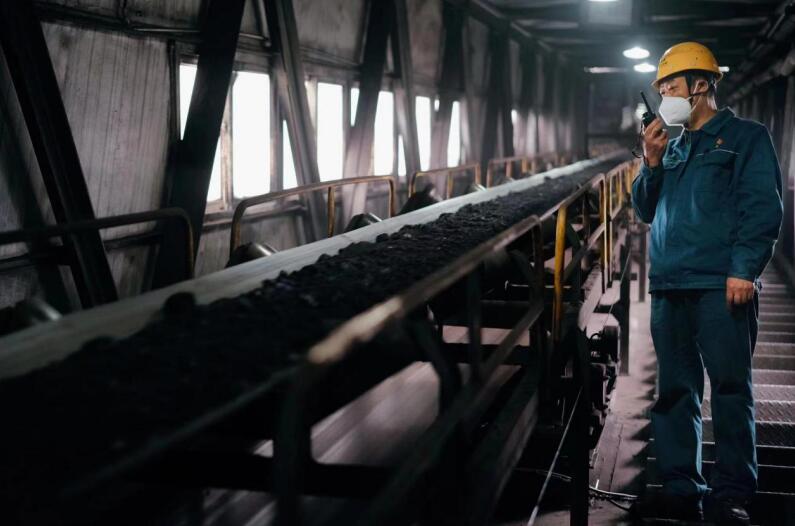热源厂煤场管理员查看皮带上煤情况。