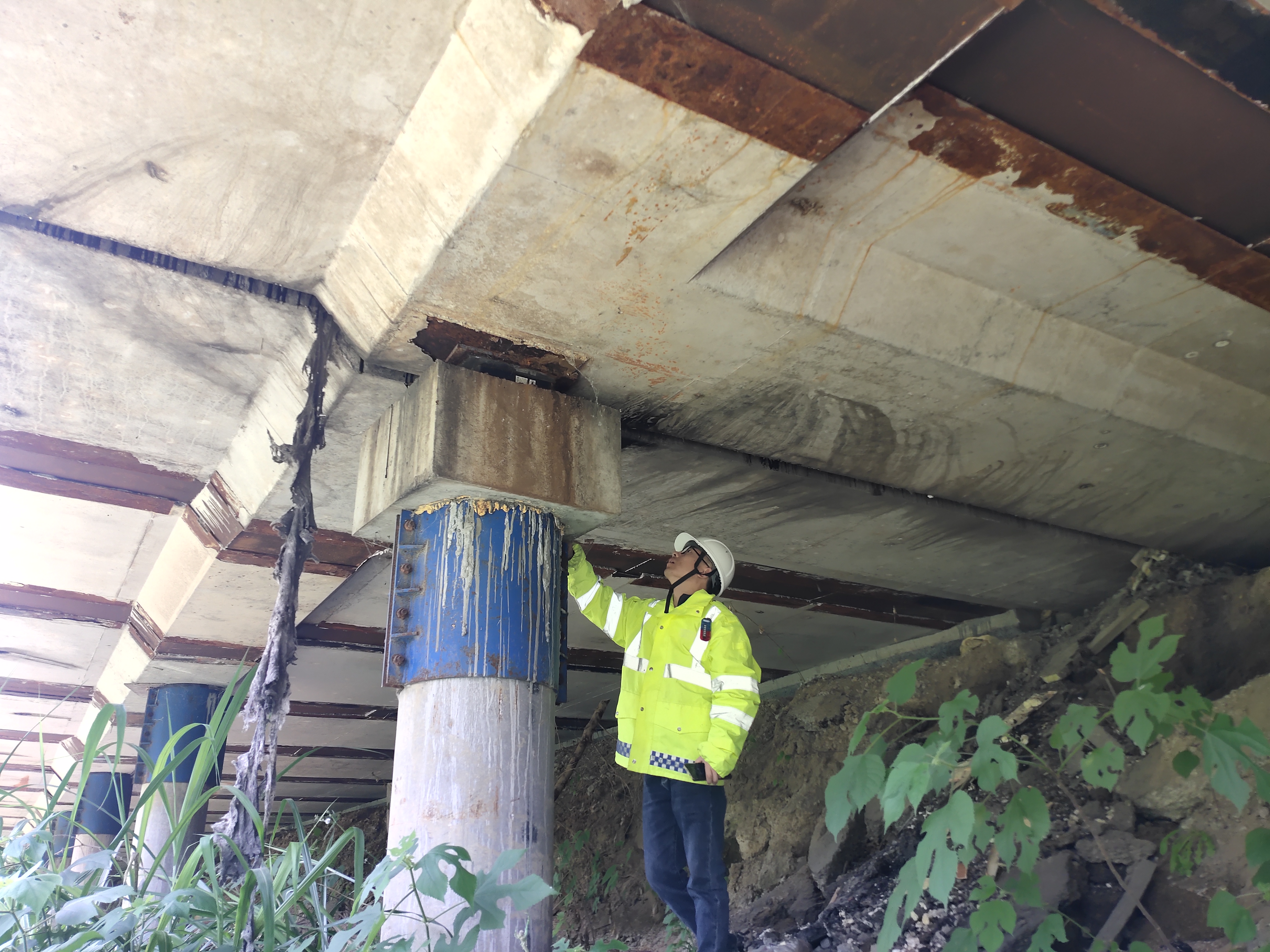 合六葉高速六安北中心養護工程師梁超對橋梁進行檢查。江小玉攝