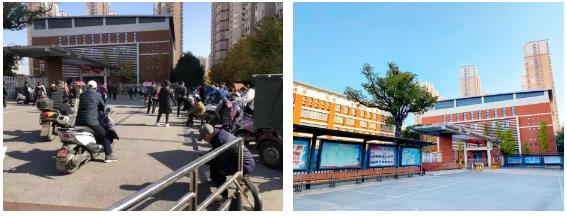 社区中学改造前后对比图（增设风雨连廊家长等候区）。