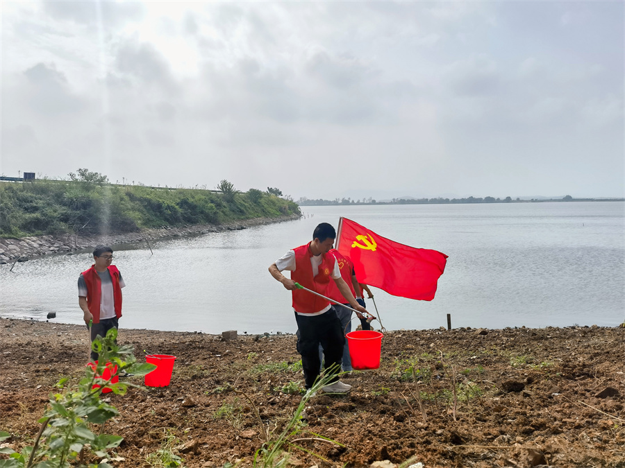 东至县香隅镇志愿者在太泊湖岸开展清白行动。赵玲玲摄