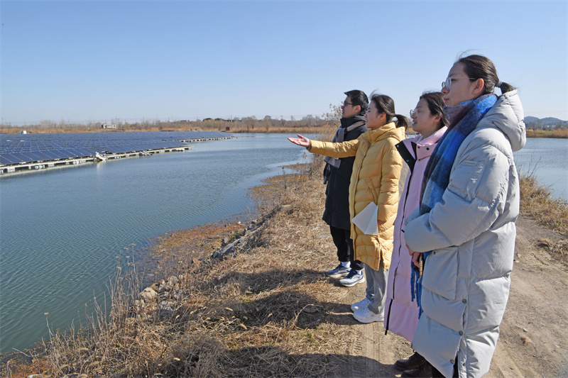 2月8日，中央民族大學寒假實踐團大學生了解淮南市謝家集區採煤沉陷區水上光伏建設情況。