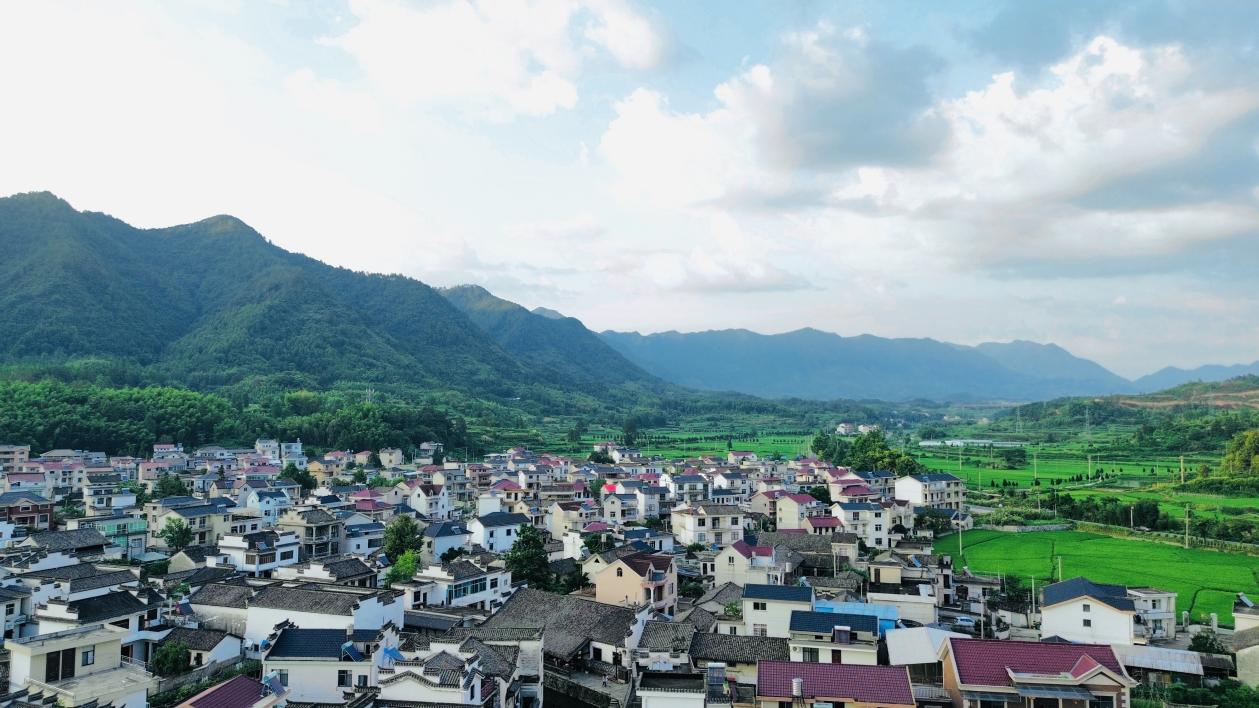 航拍朱旺村与远处青山风貌。胡灿摄
