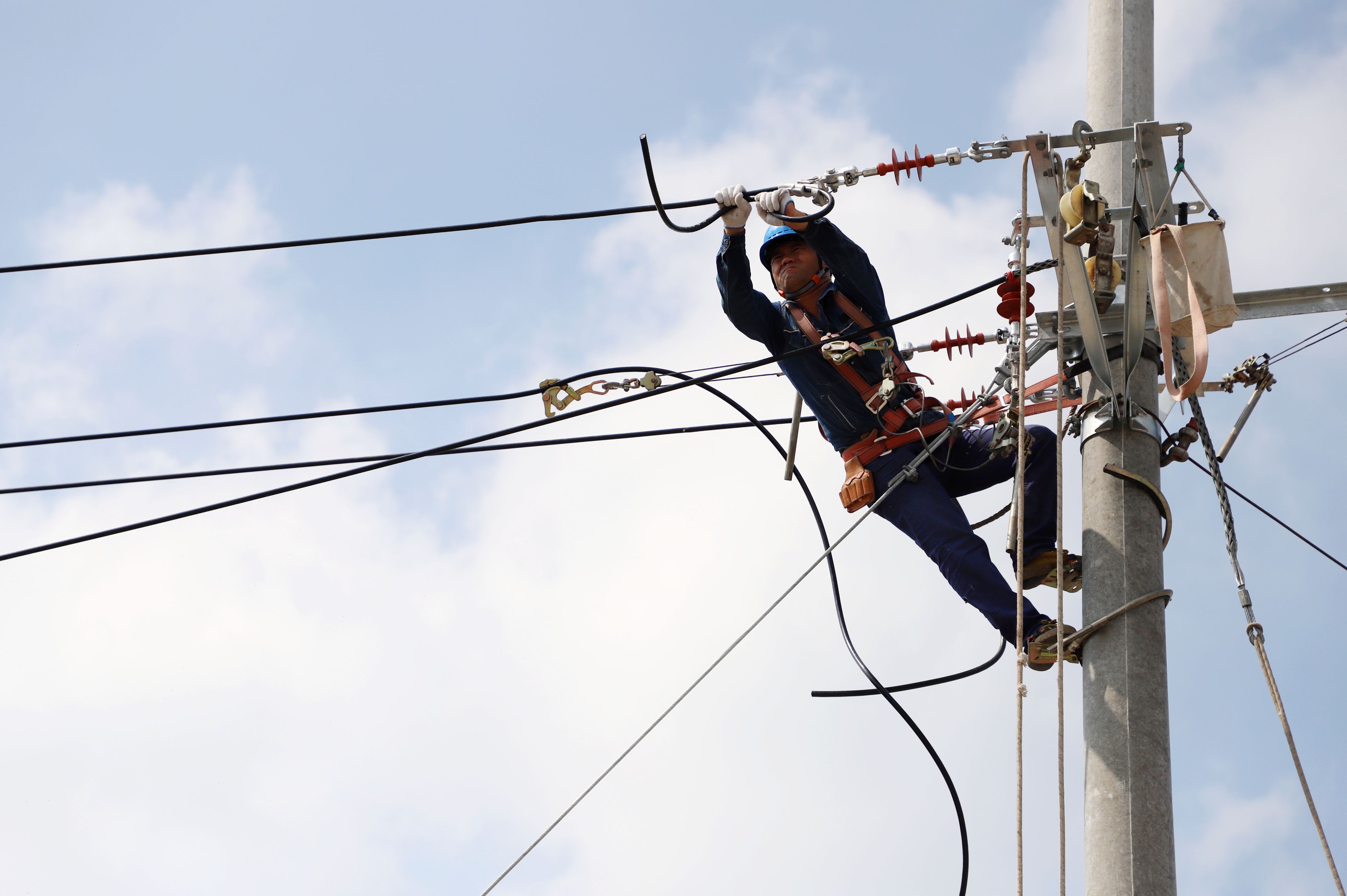 国网涡阳县供电公司工作人员开展10千伏农网升级改造施工。