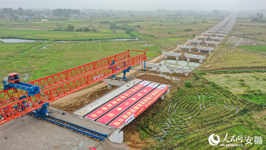 S20長固高速霍邱至皖豫界段箱梁架設施工中。人民網記者 張俊攝