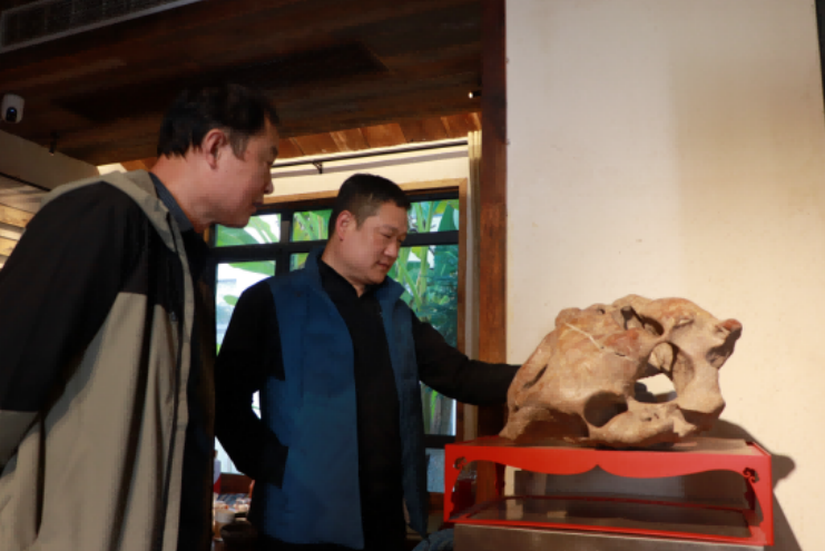 特地从徐州赶来的游客郭先生正在赏石。彭红玲 摄