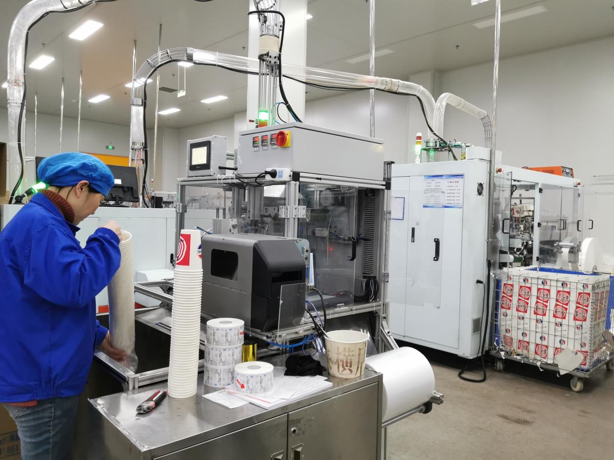 安徽格睿包装材料有限公司成型车间，工人正在整理成品纸杯。丁满莲摄