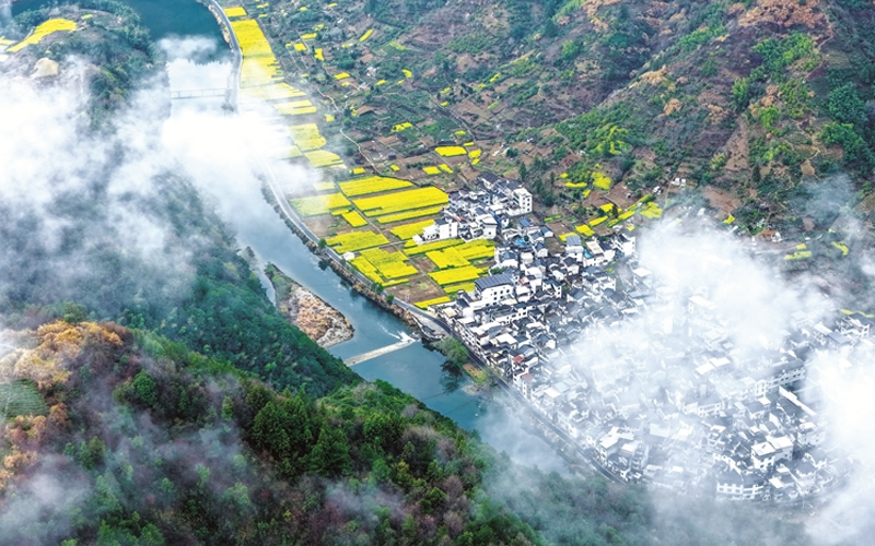 3月19日,在歙县杞梓里镇坡山村,春日的山色与缭绕的云海相映成趣。