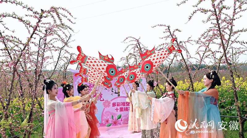 在裕安区狮子岗乡桃花仙谷,游客身穿汉服赏花游园。人民网记者 周坤摄