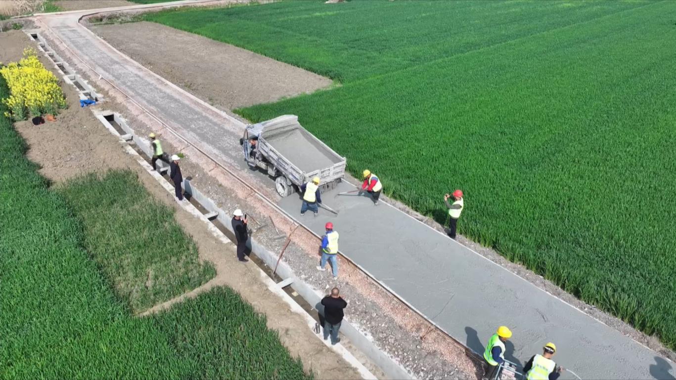 工人正在抓紧项目区机耕道路建设。孙雪强摄