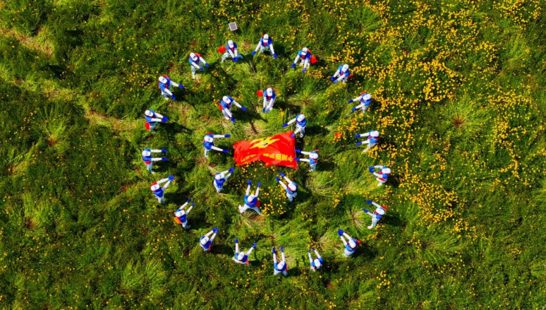 在開滿黃花的草地上擺出造型