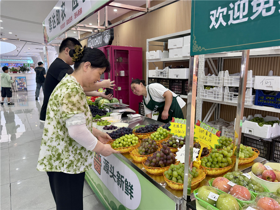 在新桥服务区应季鲜果展销专区，旅客正在挑选购买水果。