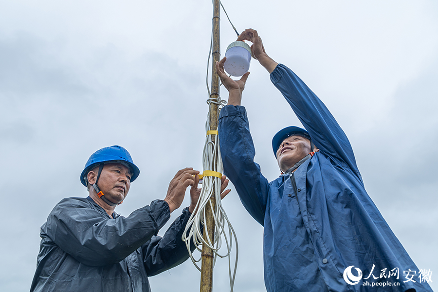 国网和县供电公司抢险队员正在冒雨架设防汛灯具。人民网记者 李希蒙摄