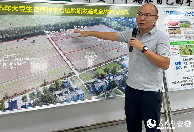 段凯旋介绍南京农业大学宿州研究院在种业科技谷内研发情况。人民网记者 胡雨松摄