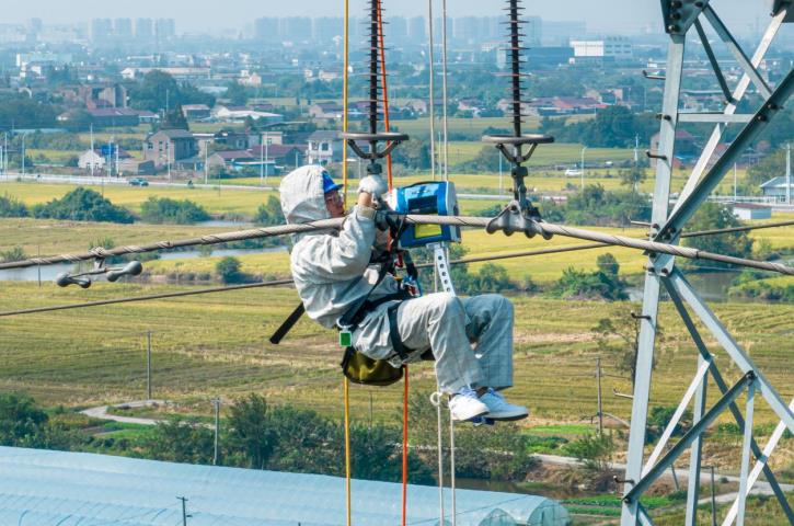 電網員工消除杆塔螺栓螺帽缺失隱患。陶洋攝