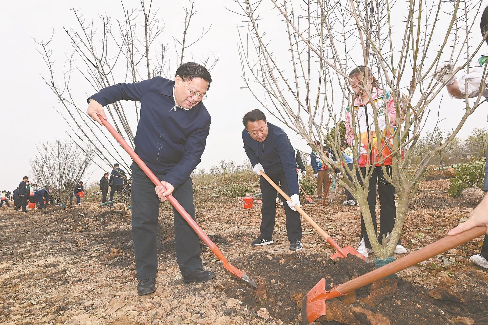  3月29日上午，在引江济淮蜀山枢纽泵站绿化义务植树点，省委书记韩俊正在植树。本报记者 杨 竹 摄